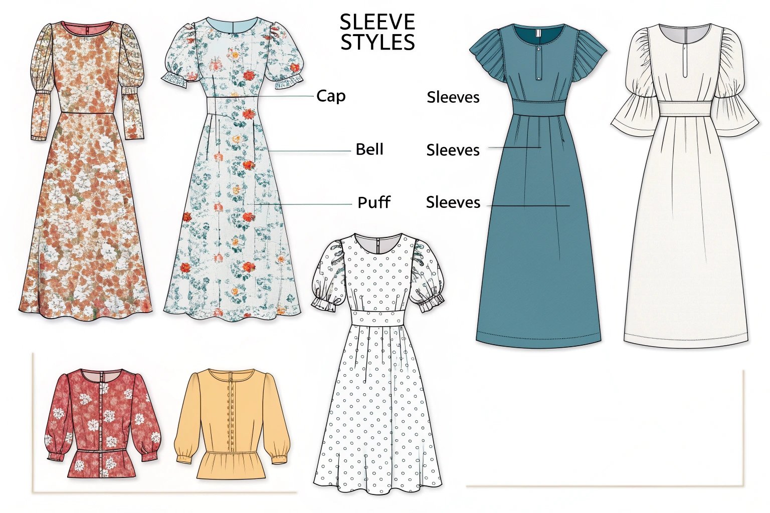 Illustrated fashion guide showing dresses and blouses with cap, bell, and puff sleeve styles.