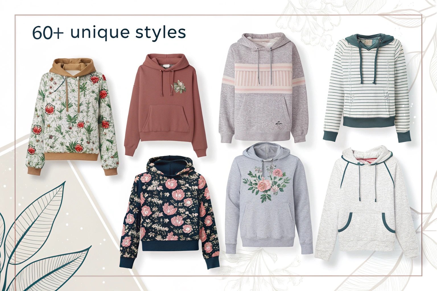 Fashion illustration of women’s sweatshirts and hoodies in floral, patterned, and solid designs