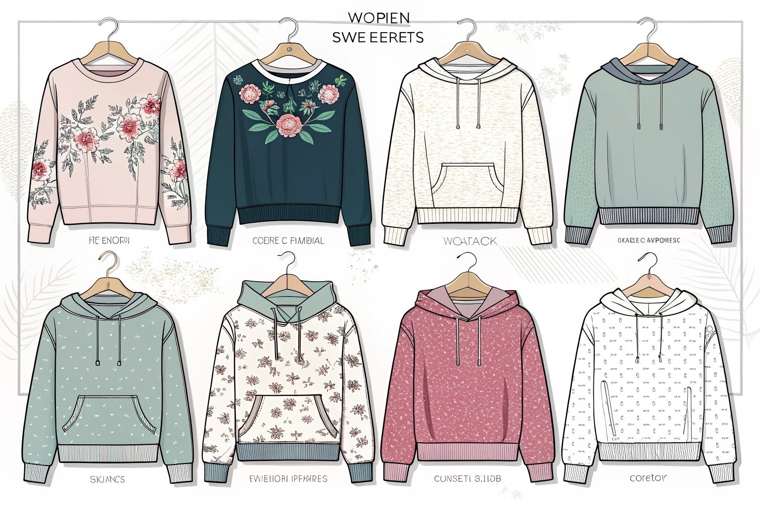 Illustration of women’s sweatshirts and hoodies in floral, plain, and patterned designs.